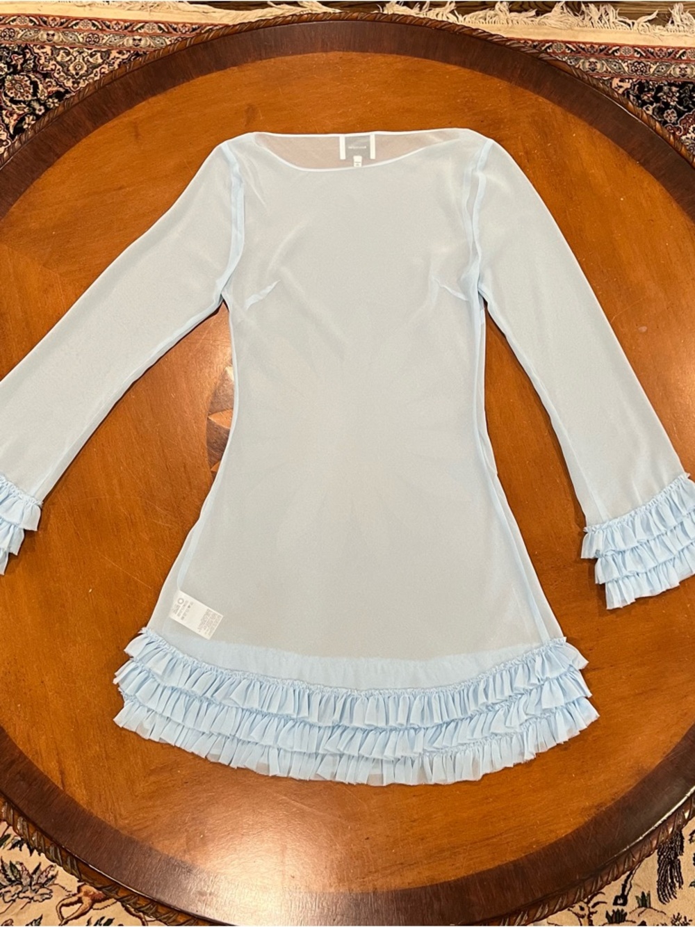 Reformation Avalina Sheer‎ Long-Sleeve Mini Dress Light Blue 4 MISSING SLIP - Picture 5 of 16